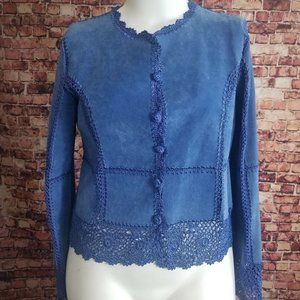 Suede Essential Blue Leather Crotchet Trim Blazer